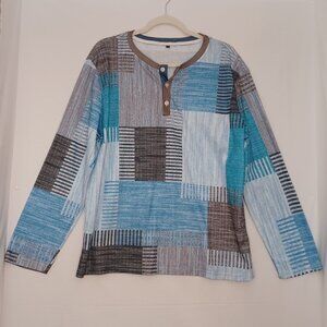 Blue color block patch work sweater with 3 button neck in Size Large